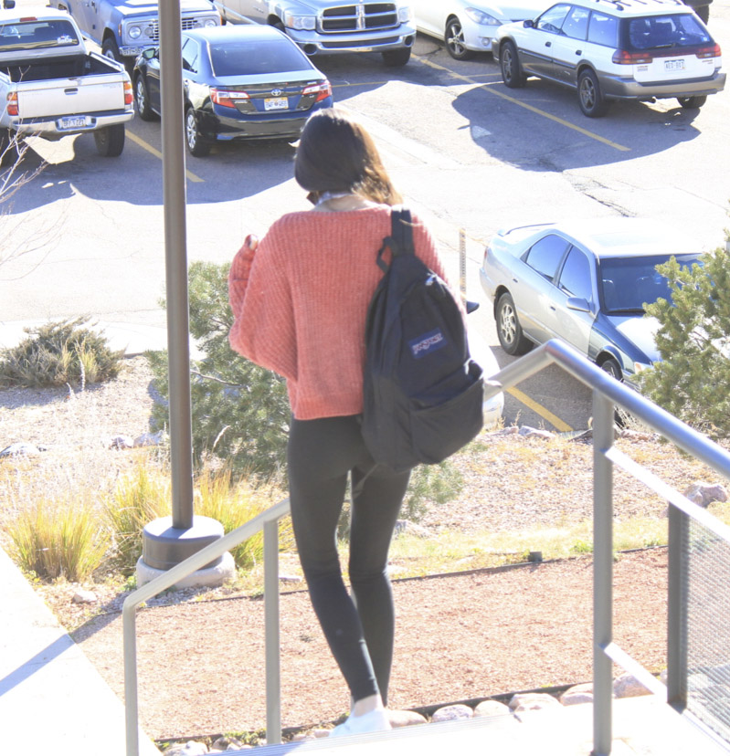 student walking down stairs at Centennial Campus