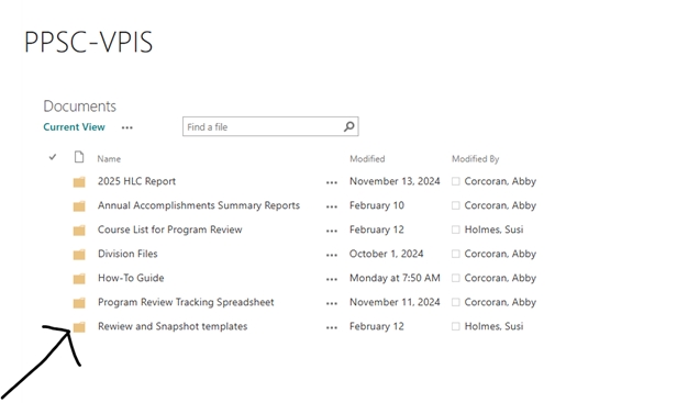 Screenshot of VPIS sharepoint site with an arrow pointing to a folder called "Review and Snapshot templates" 